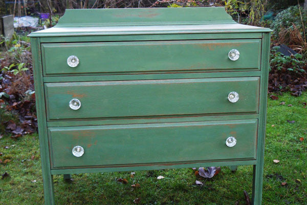 Vintage shabby chic green hand painted chest of drawers in miss Mustard Seed Milk Paint by Emily Rose Vintage