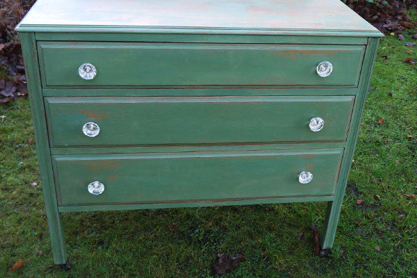 Vintage shabby chic green hand painted chest of drawers in miss Mustard Seed Milk Paint by Emily Rose Vintage