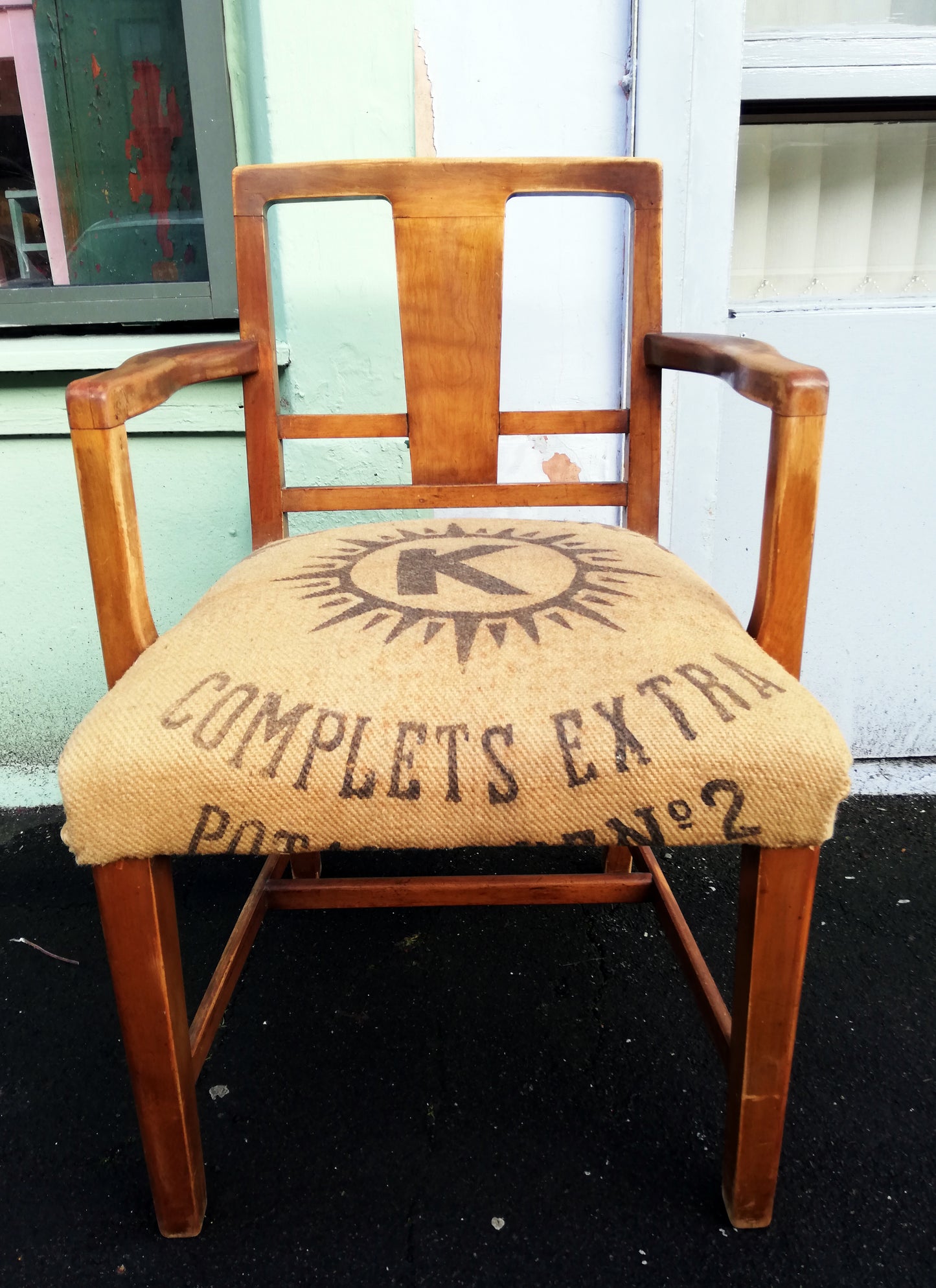 RESERVED Vintage captain's carver chair with vintage feedsack upholstery