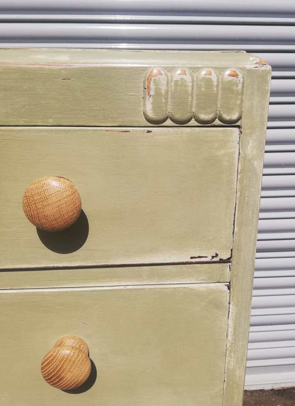 Vintage chest of drawers hand painted in layers of chippy chalk paint in cream and soft green
