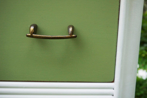 Vintage chest of drawers hand painted in tones of miss mustard seed milk paint lucketts green and Ironstone by Emily Rose Vintage
