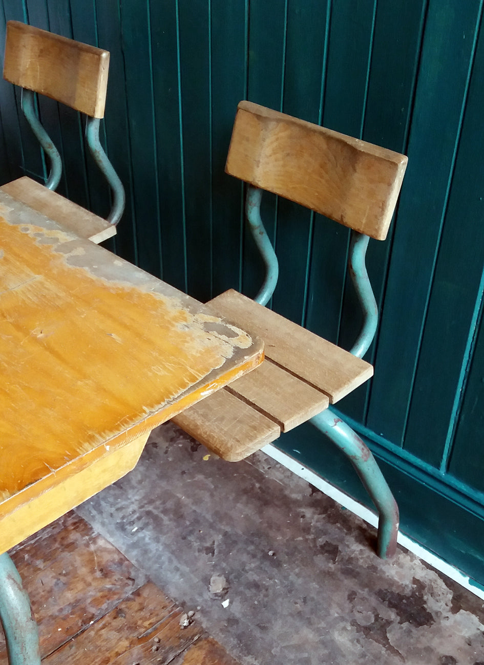 Vintage children's double school desk and chair set