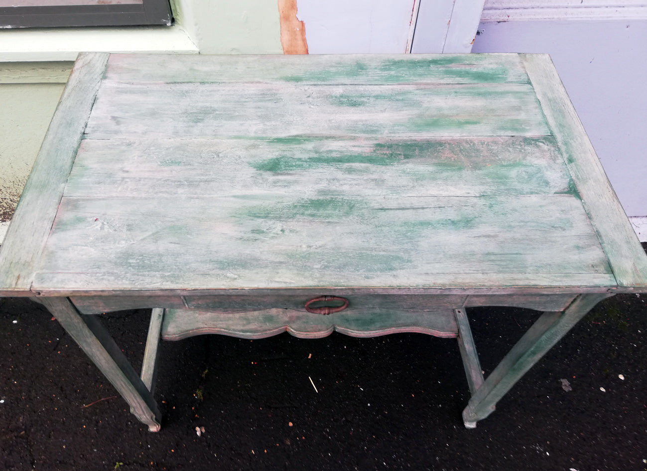 Vintage console table / desk painted in soft layers of green, coral and cream