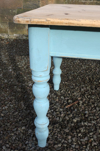 Vintage farmhouse pine dining table with painted legs  and a retro scrub top finish refurbished by emily rose vintage