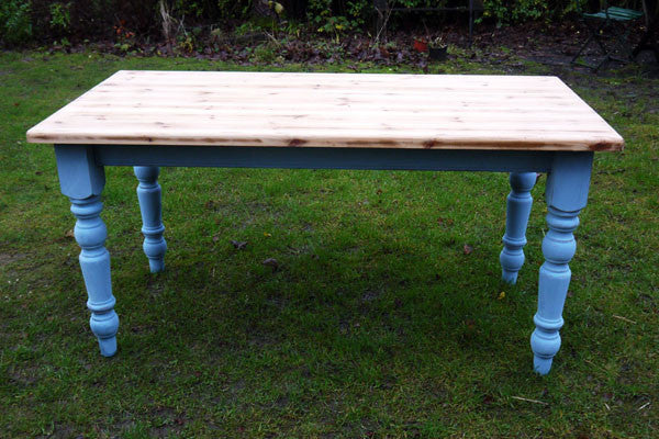 Vintage farmhouse pine dining table with painted legs and a retro scrub top finish refurbished by emily rose vintage Made to Order
