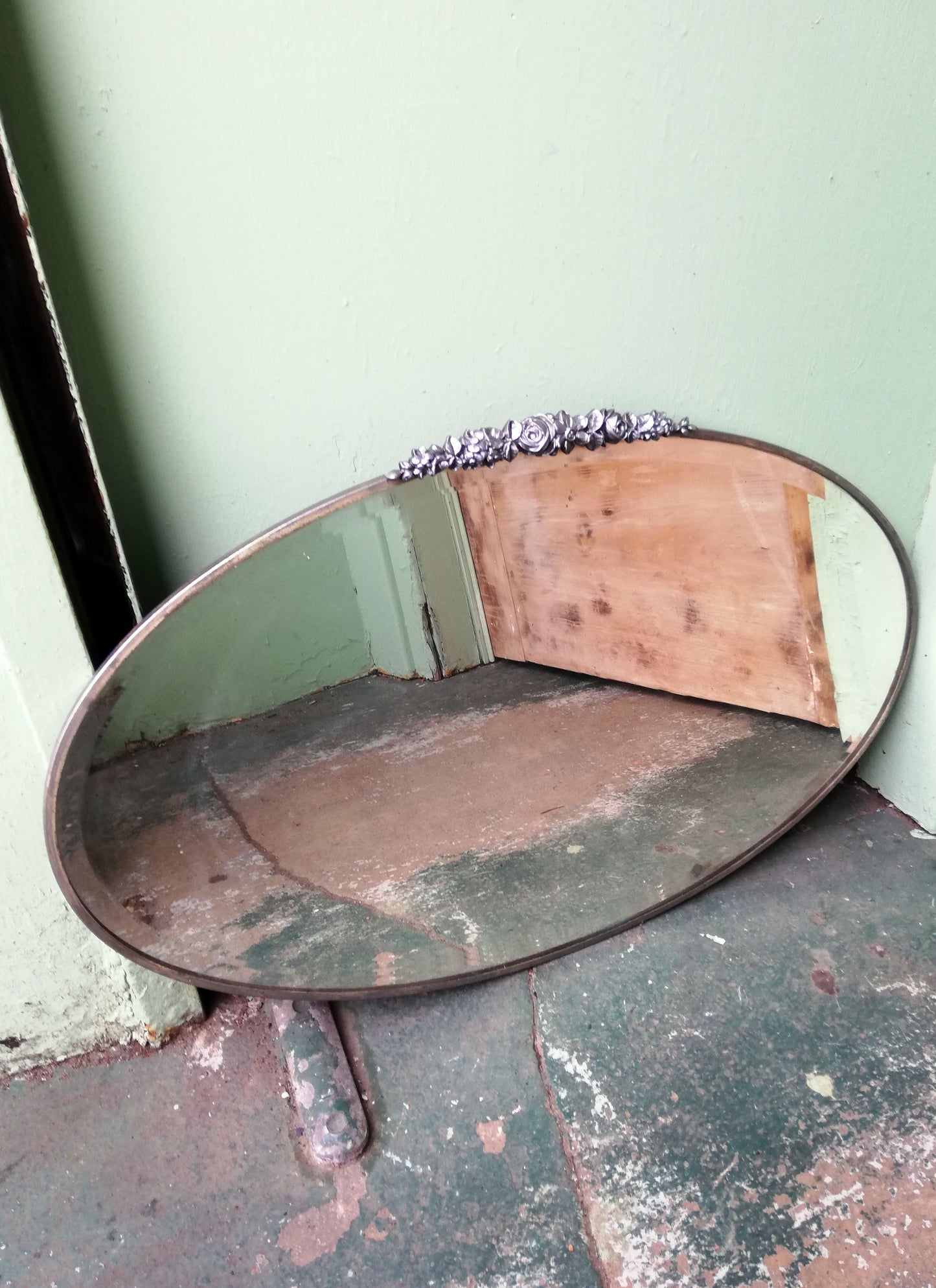 Vintage mirror with metal rose frame painted in Brushed Steel