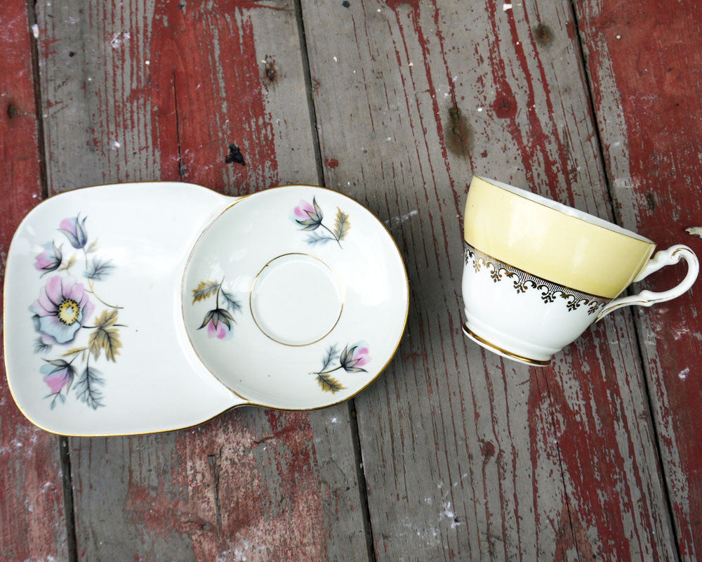 Vintage mismatched teacup and saucer supper set