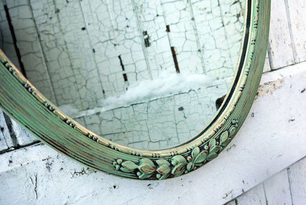Vintage oval gold mirror now in Miss Mustard Seed Milk paint Luckett's Green with dark wax