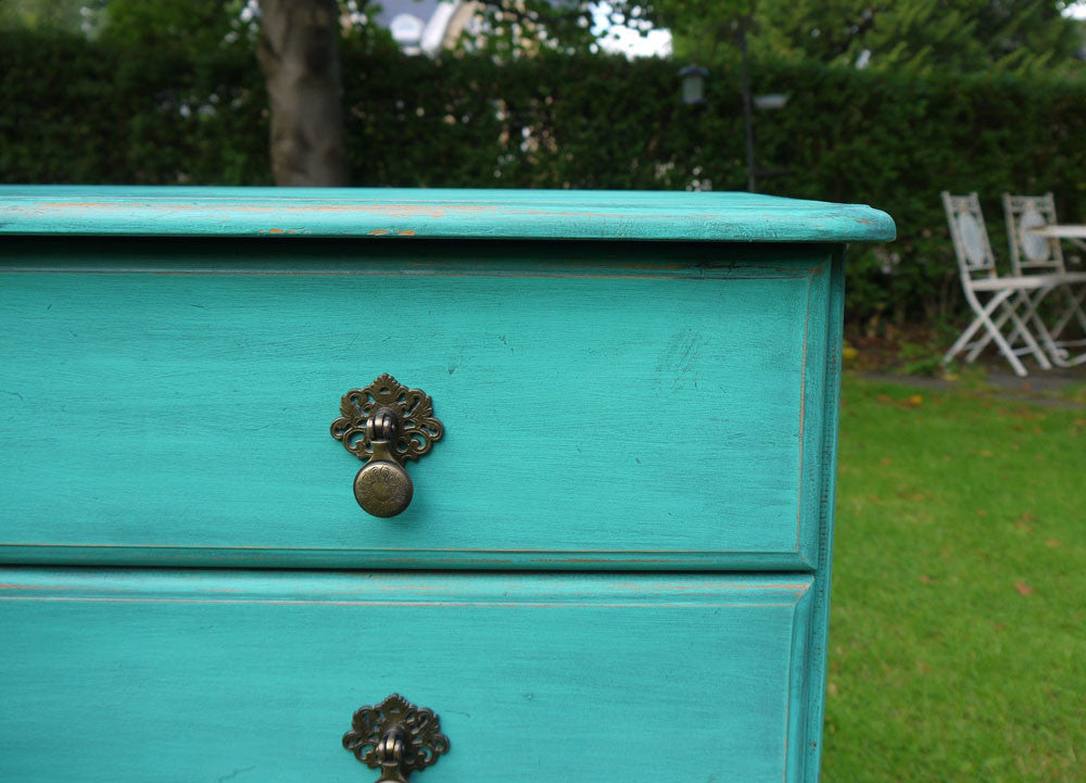 hand painted vintage pine chest of drawers (her own) General Finishes Patina Green with black glaze