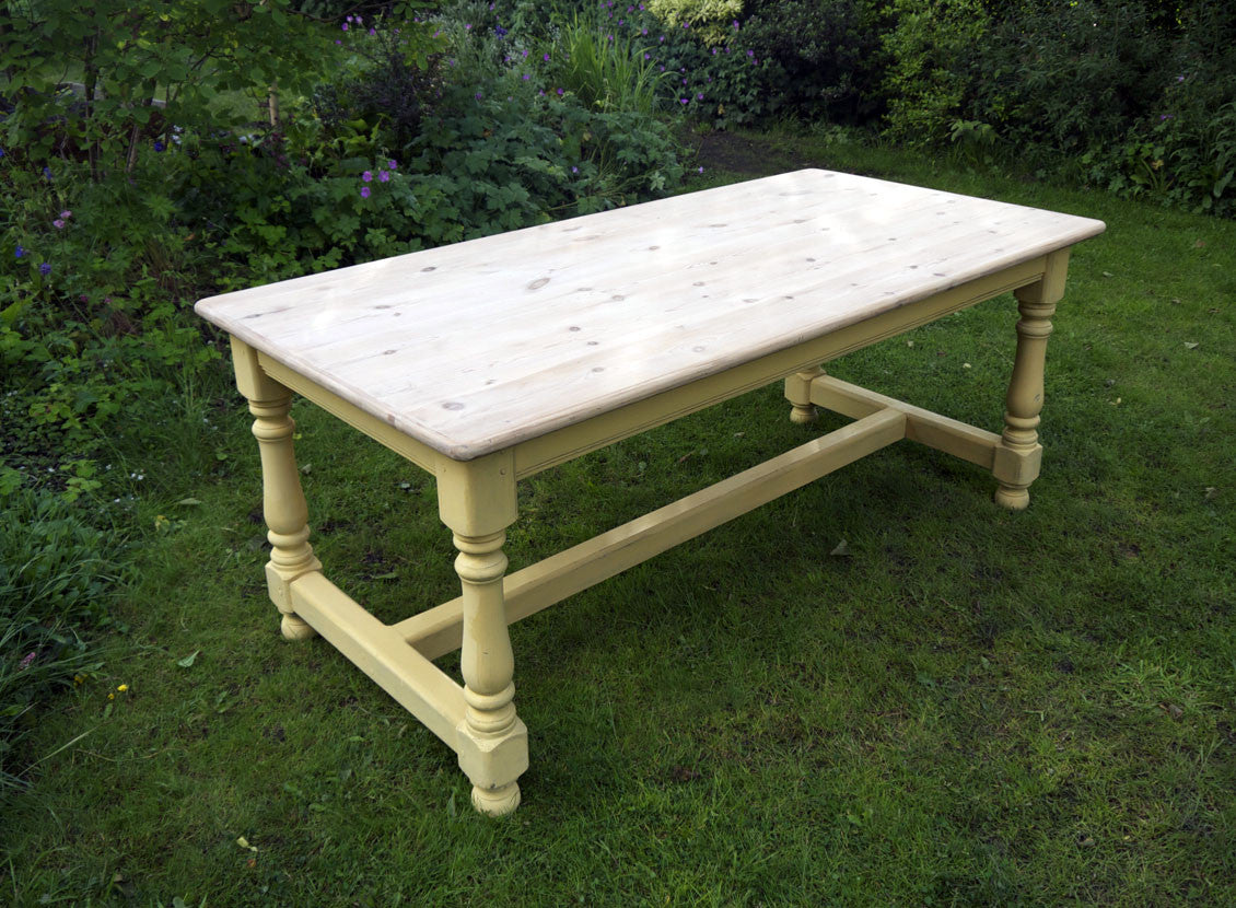 Vintage farmhouse pine dining table with a retro scrub top finish coffee table with painted legs refurbished by emily rose vintage