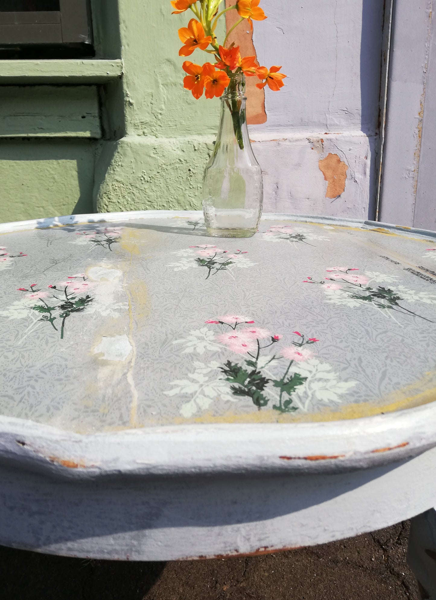 Vintage round hand painted coffee table with decoupaged top