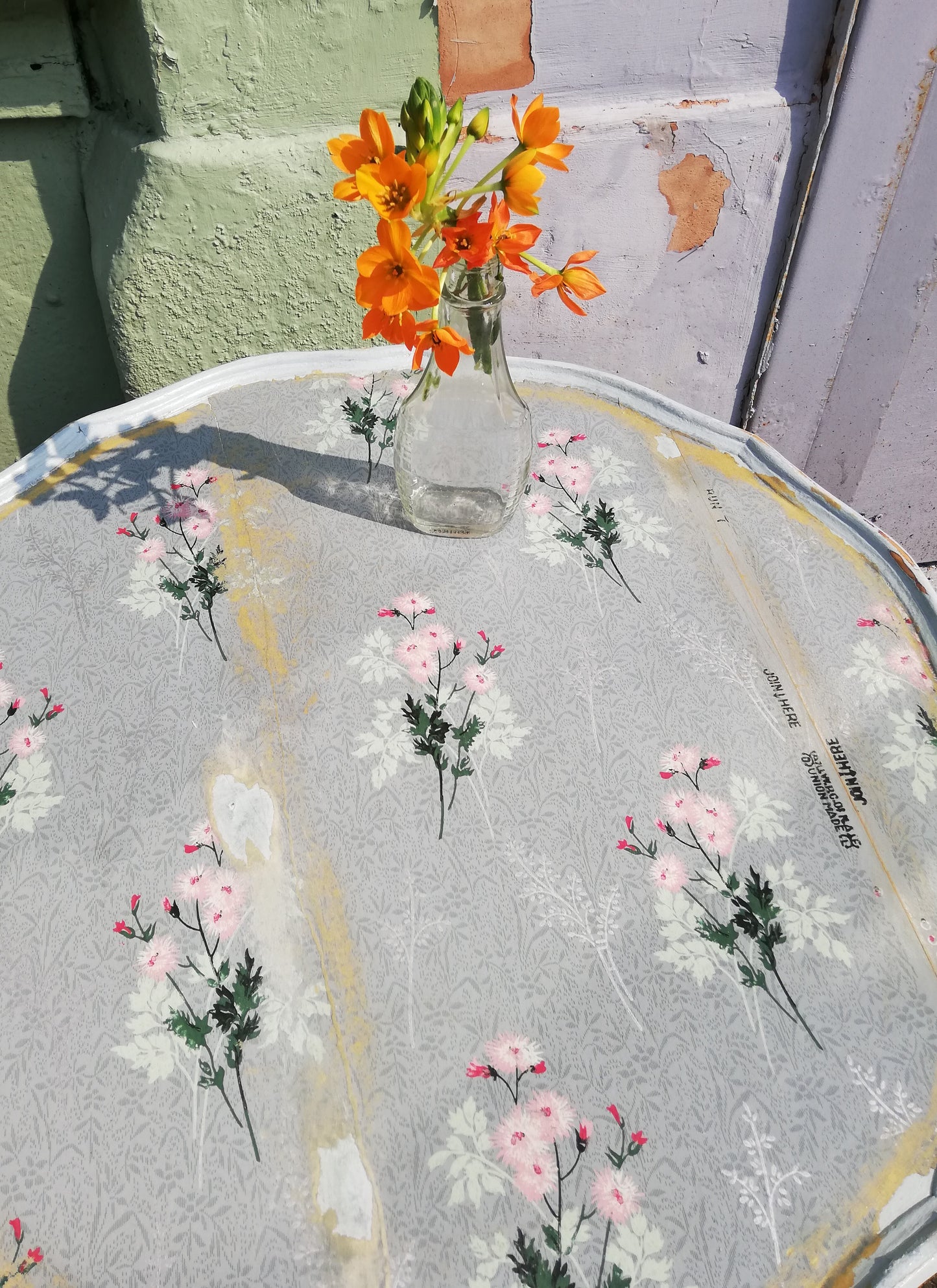 Vintage round hand painted coffee table with decoupaged top