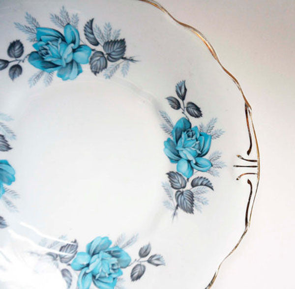 Vintage shabby chic dinner plate with retro blue rose design from Emily Rose Vintage