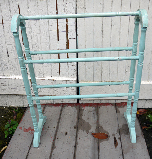 Vintage towel rail drying rack hand painted in Miss Mustartd Seed milk paint Eulalie's Sky
