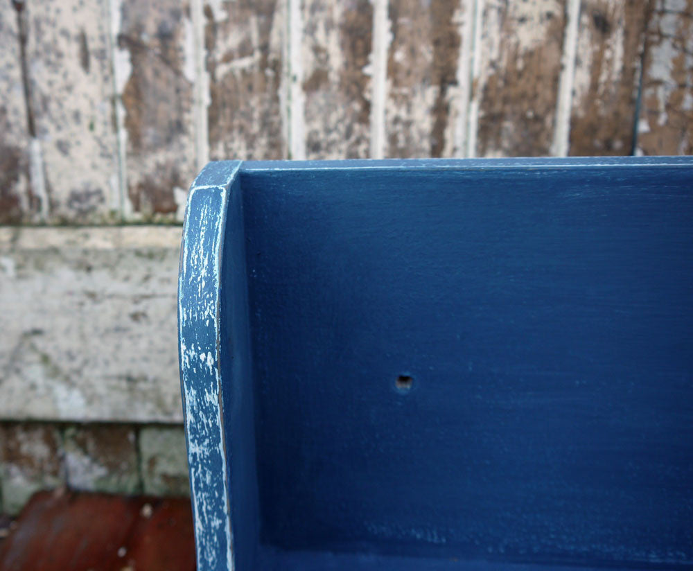 Vintage wall shelf hand painted in white a blue with swallow drawer pulls