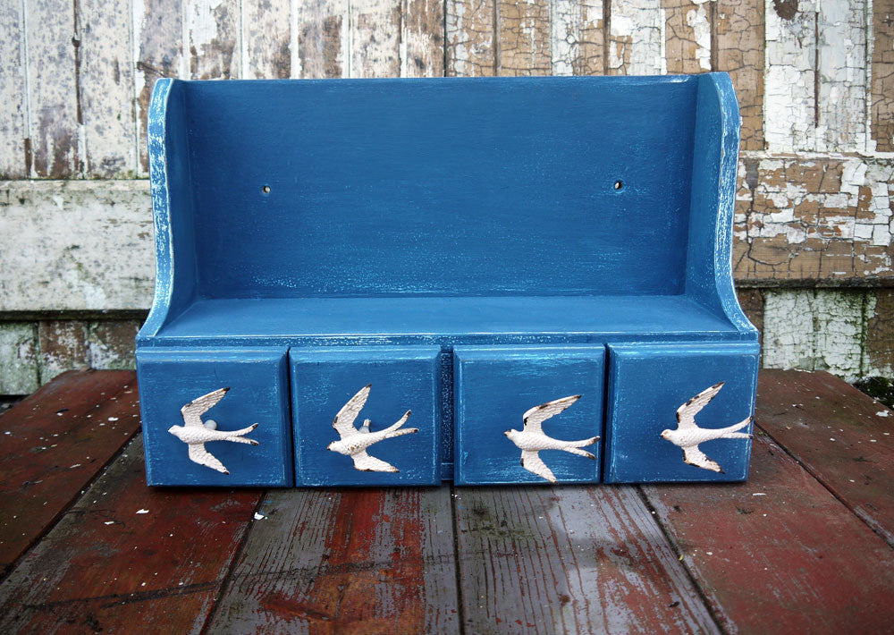 Vintage wall shelf hand painted in white a blue with swallow drawer pulls