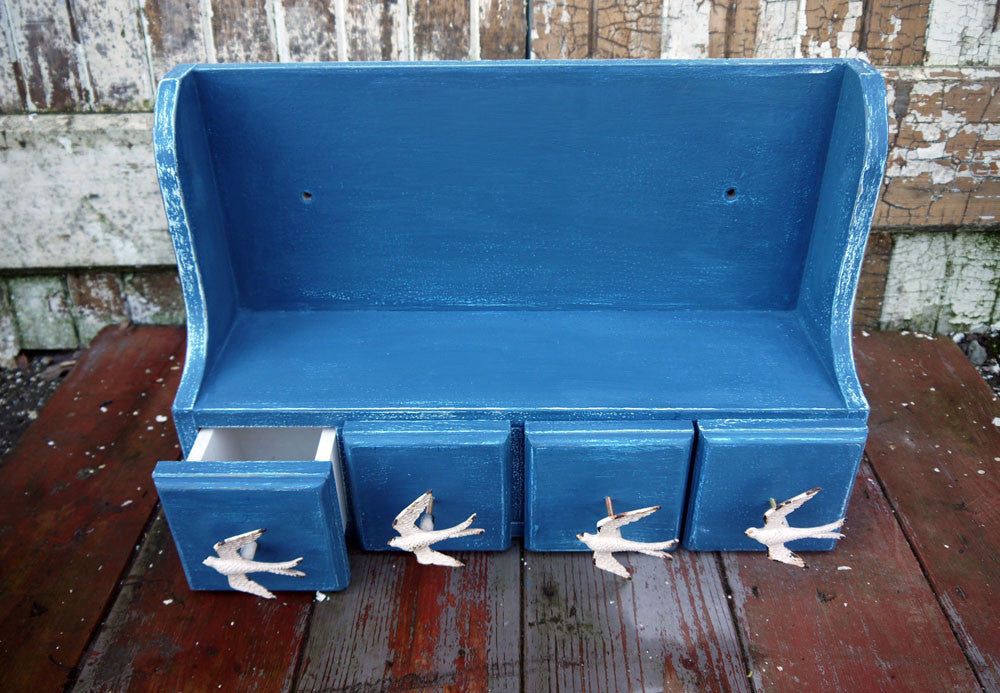 Vintage wall shelf hand painted in white a blue with swallow drawer pulls