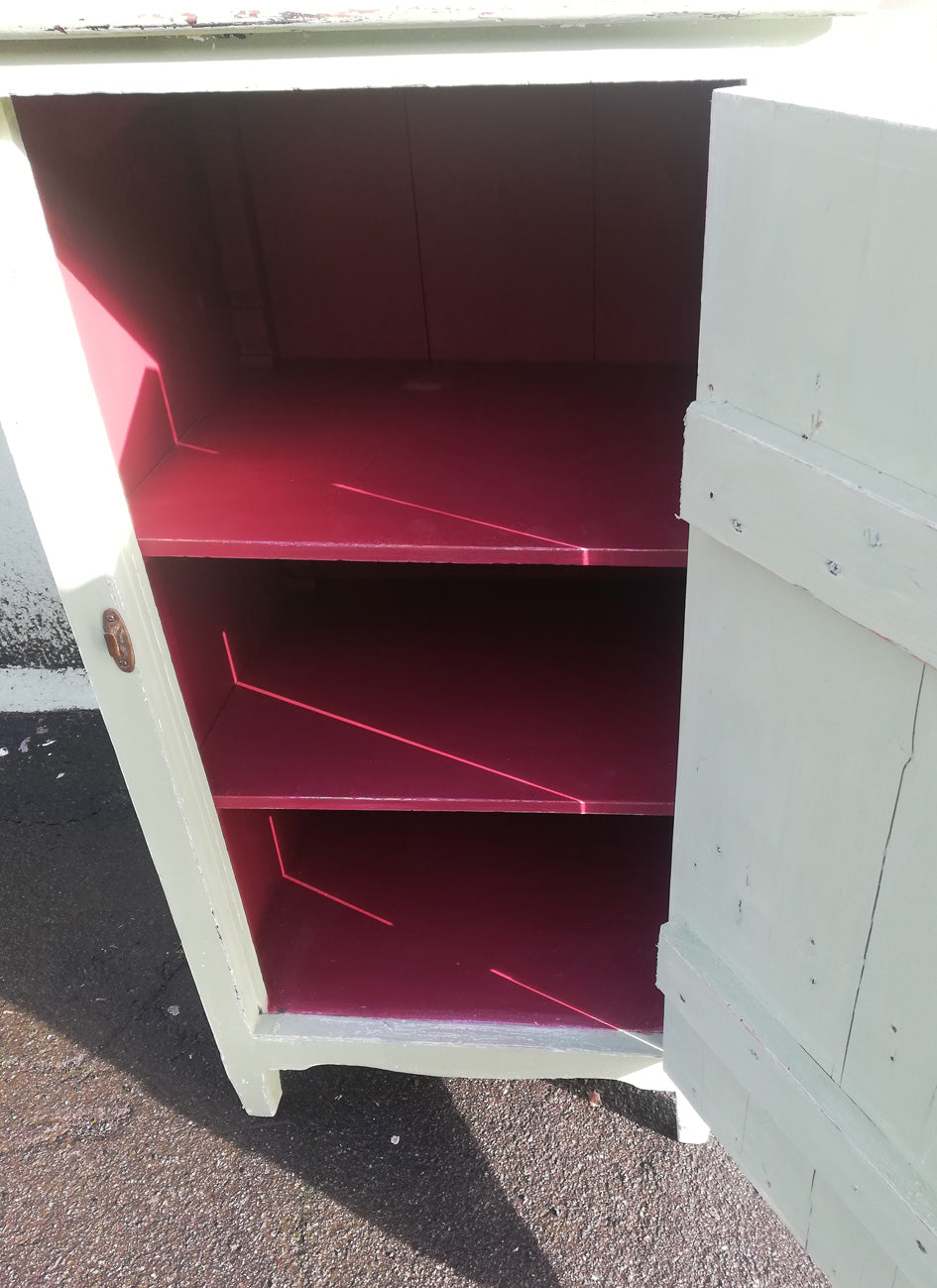 Boho cabinet painted in layers of Miss Mustard Seed Milk Paint with vintage rose design