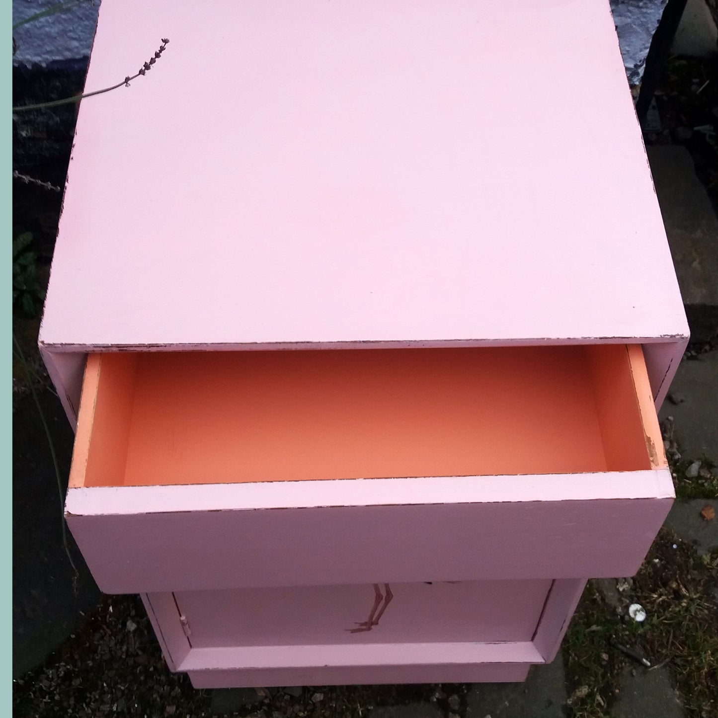 Vintage pink painted bedside cabinet with flamingo decoupage design