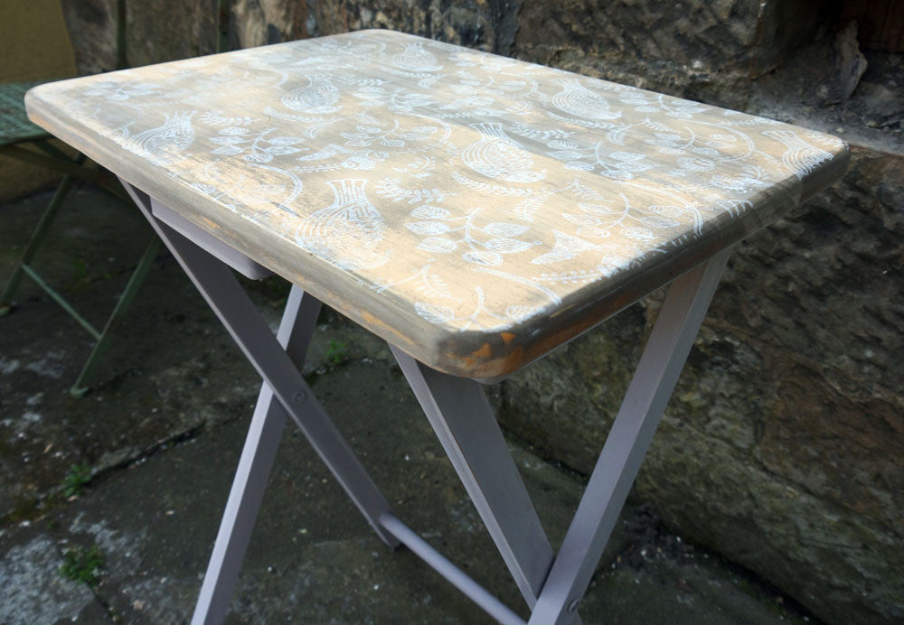 Hand Painted folding side table with vintage folk art bird design