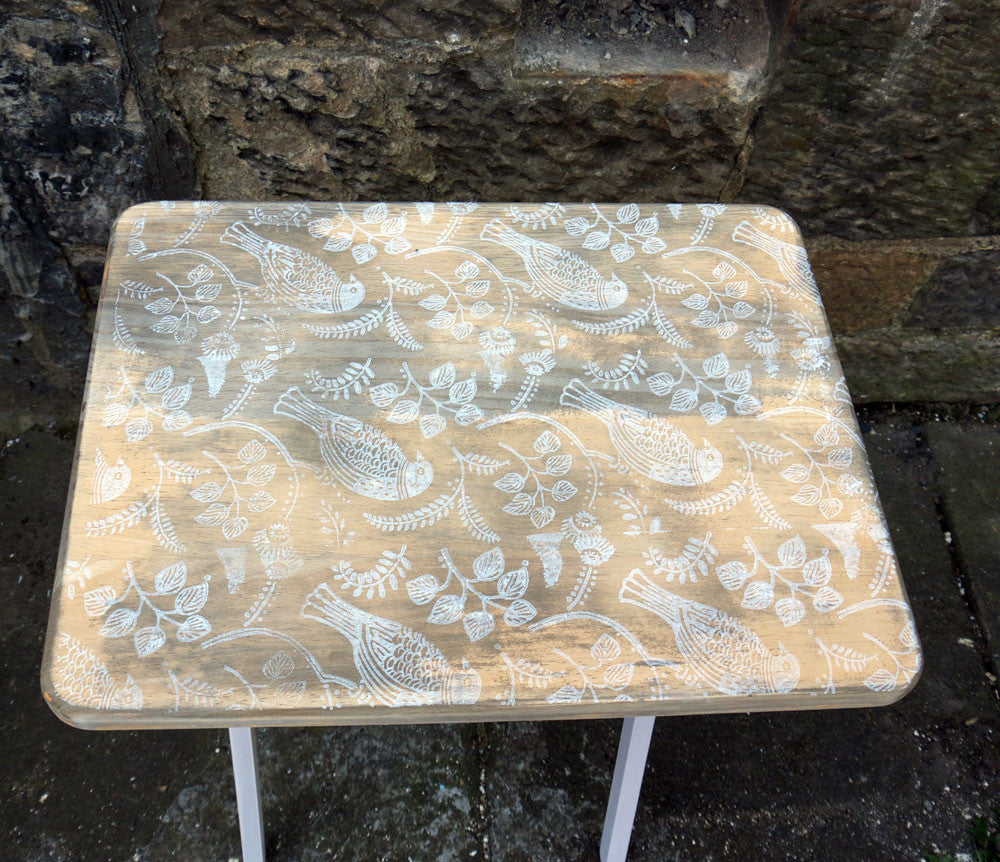 Hand Painted folding side table with vintage folk art bird design