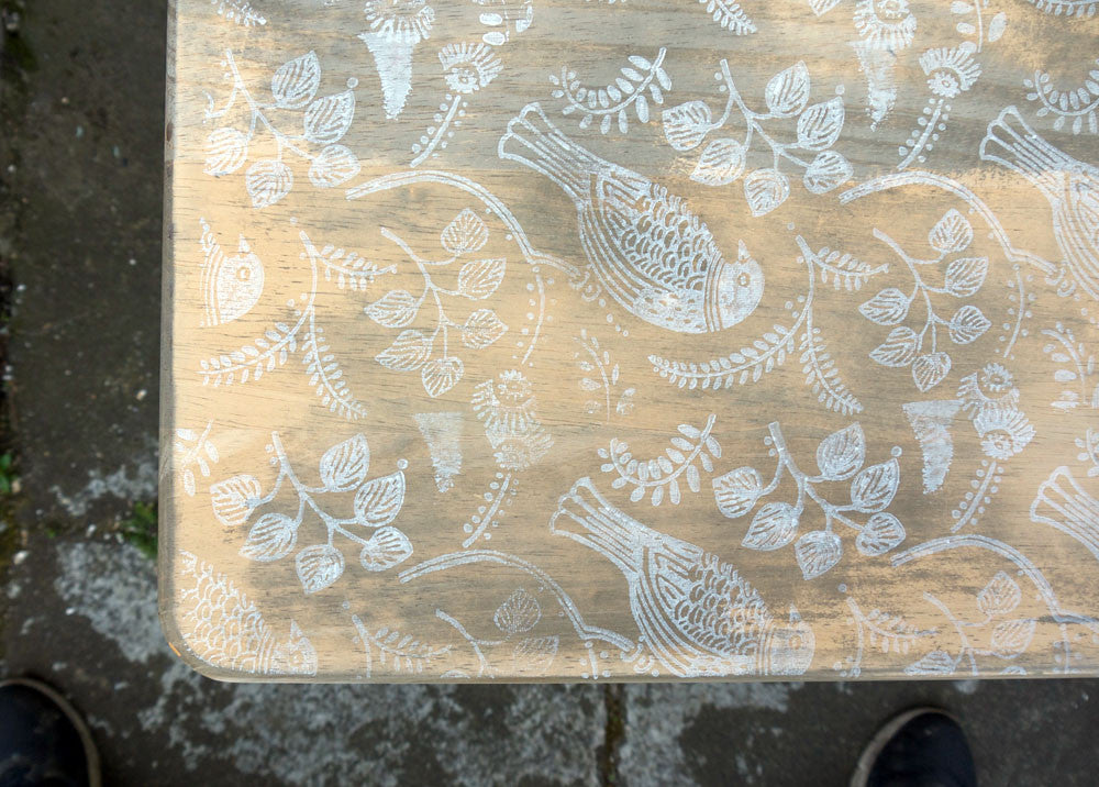 Hand Painted folding side table with vintage folk art bird design