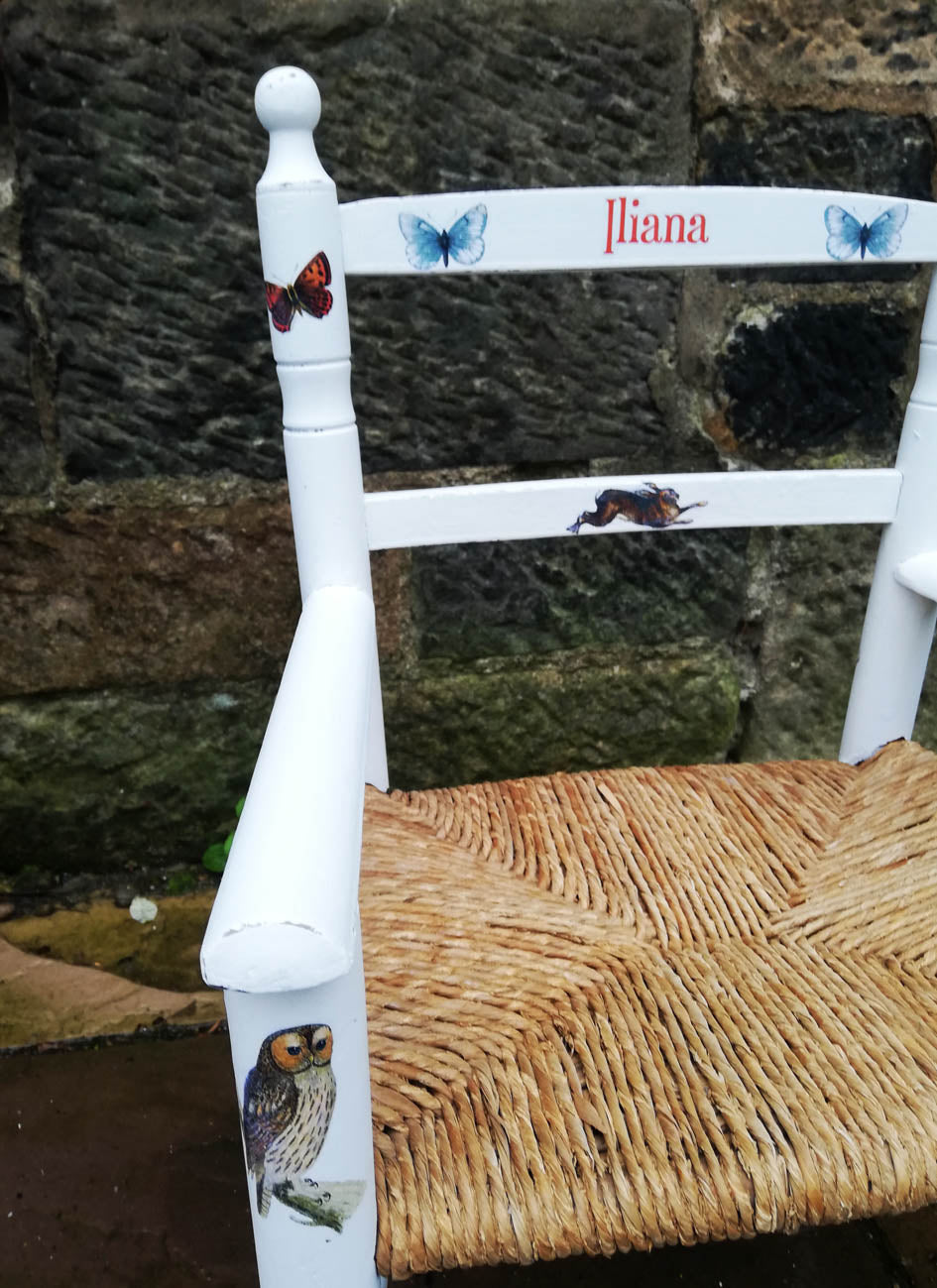 painted children's rush seat chair with vintage woodland theme