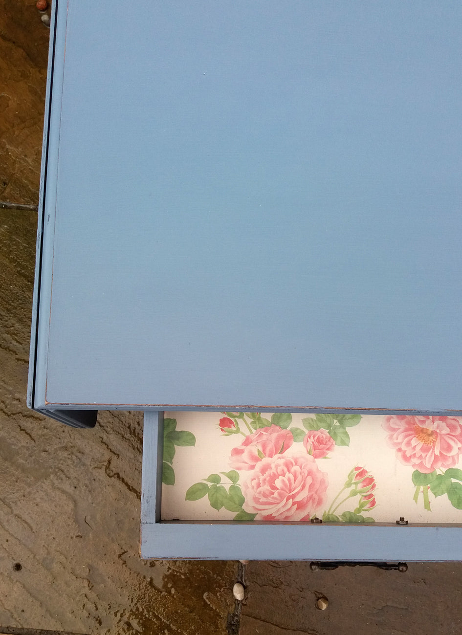 Vintage painted grey side / console table with decoupaged drawer