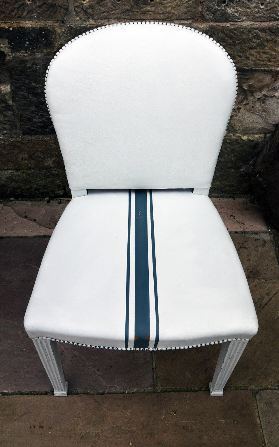 Painted leather desk chair in fusion mineral paint lamp white with homestead blue grainsack stripe