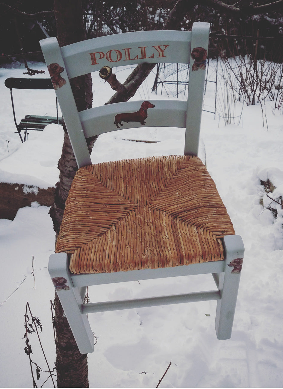 personalised children's rush seat chair with sausage dog theme