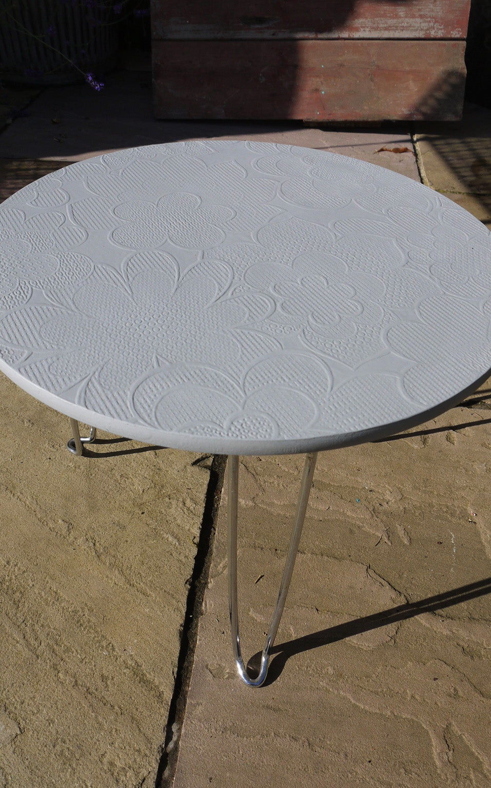 Upcycled retro round coffee side table with original 70's vintage wallpaper with hair pin legs