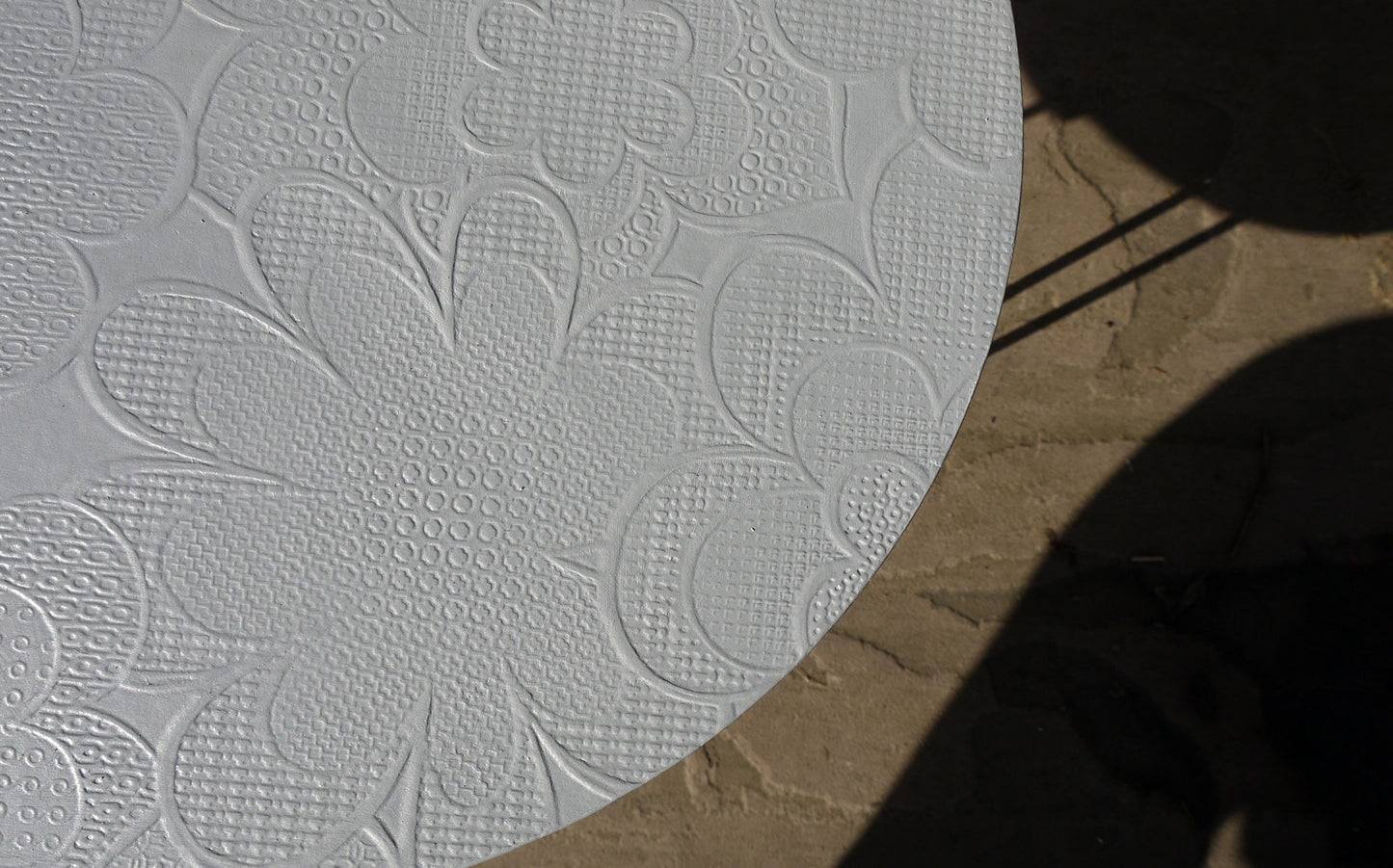 Upcycled retro round coffee side table with original 70's vintage wallpaper with hair pin legs