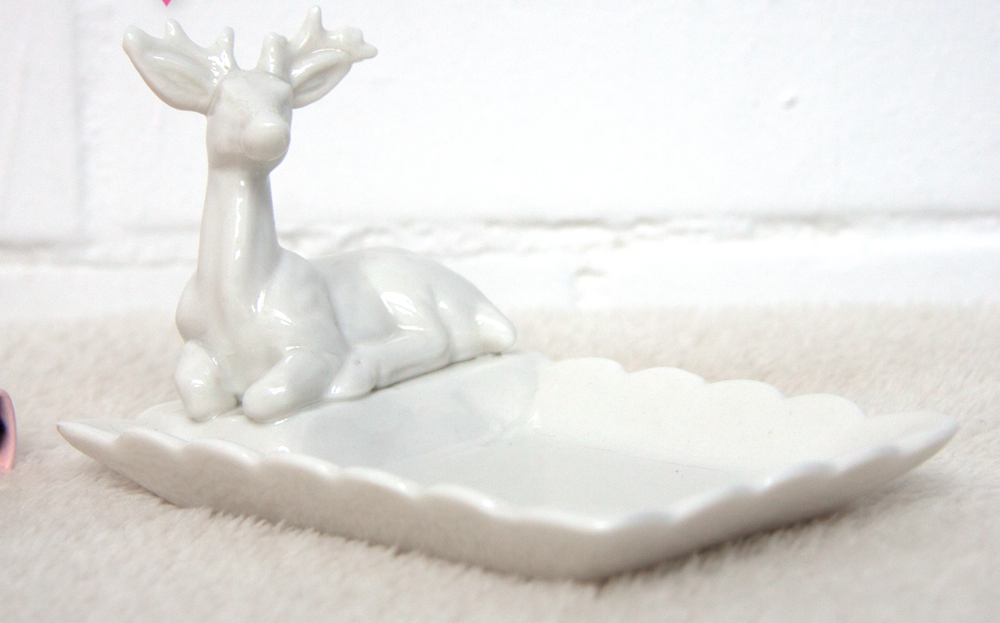 Stag rectangular ceramic jewellery dish in white