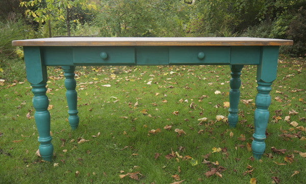 Vintage farmhouse pine dining table with a retro scrub top finish coffee table with painted legs refurbished by emily rose vintage