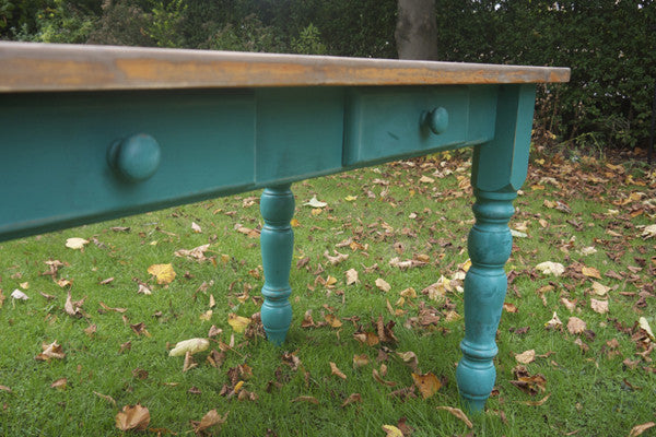 Vintage farmhouse pine dining table with a retro scrub top finish coffee table with painted legs refurbished by emily rose vintage