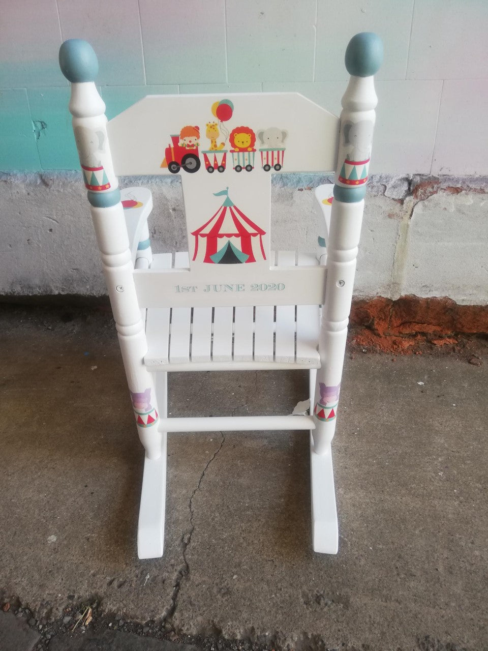 Personalised children's rocking chair with cute circus theme made to order