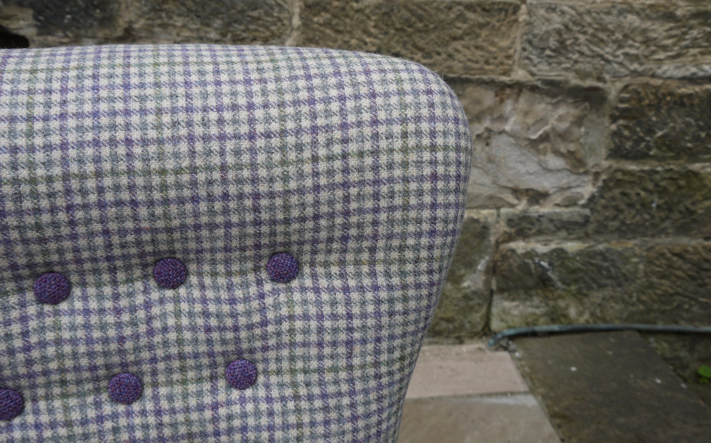 Upholstered vintage button back tub chair in pure wool lavender and sage pure wool fabric