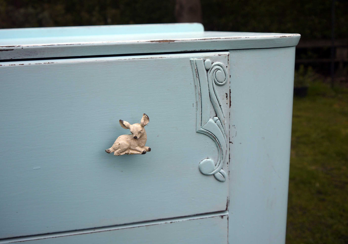 Vintage children's chest of drawers hand panted in Ecos organic paint in baby blue with new fawn handles in cream