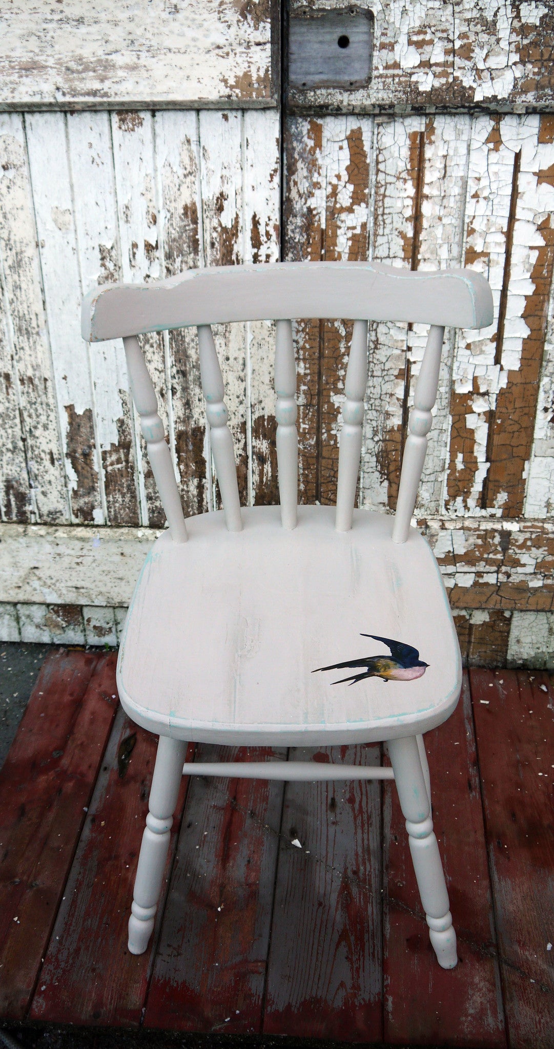 Vintage hand painted dining chair in Fusion Mineral Paint champlain with bird decoupage