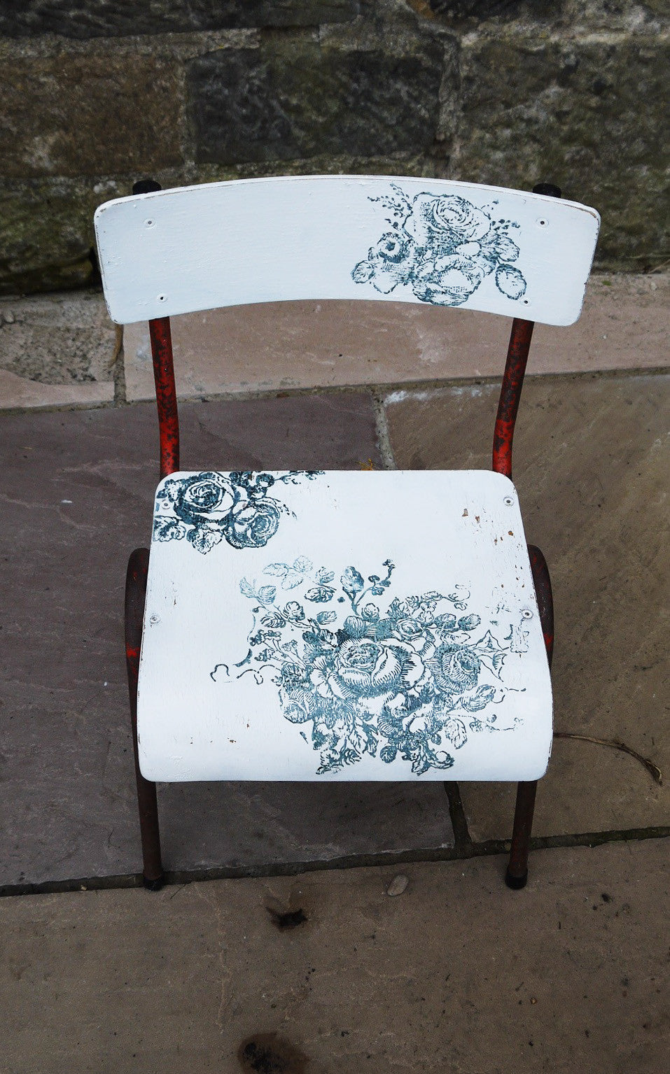 Vintage children's school chair painted in Miss Mustard Seed Milk Paint with blue rose design