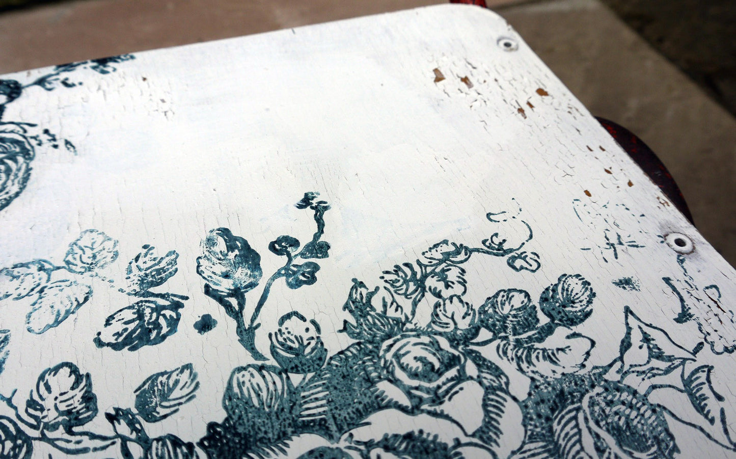 Vintage children's school chair painted in Miss Mustard Seed Milk Paint with blue rose design