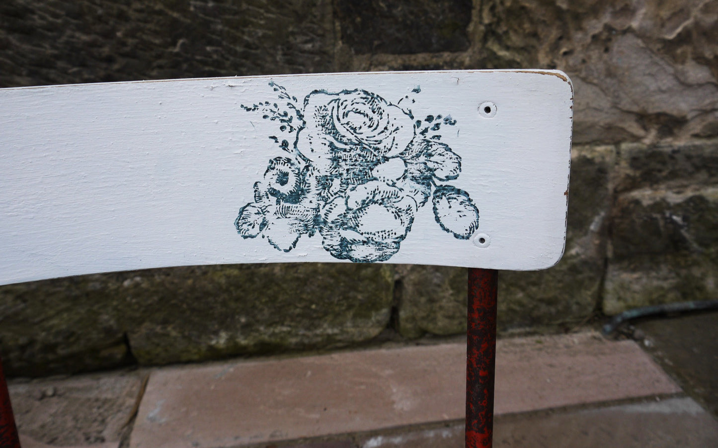Vintage children's school chair painted in Miss Mustard Seed Milk Paint with blue rose design
