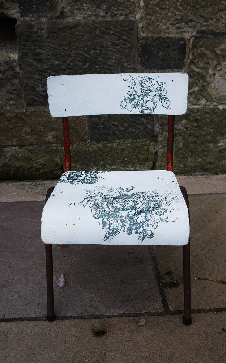 Vintage children's school chair painted in Miss Mustard Seed Milk Paint with blue rose design
