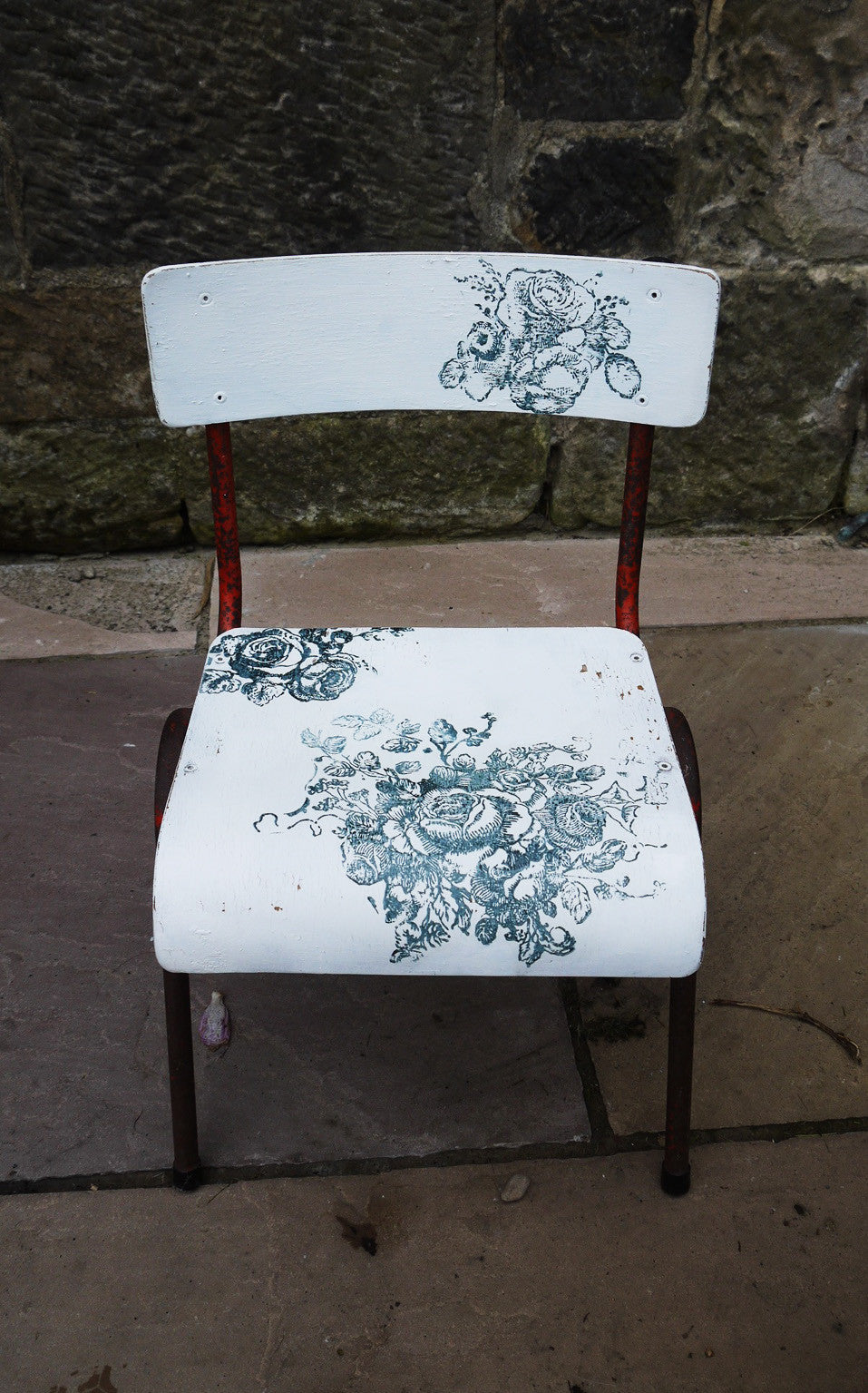 Vintage children's school chair painted in Miss Mustard Seed Milk Paint with blue rose design