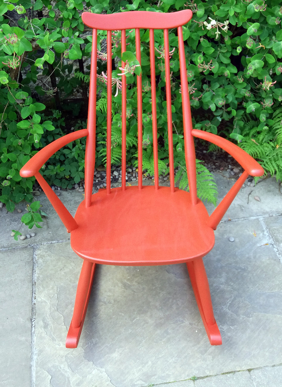 vintage ercol rocking chair painted in fusion mineral paint fort york red
