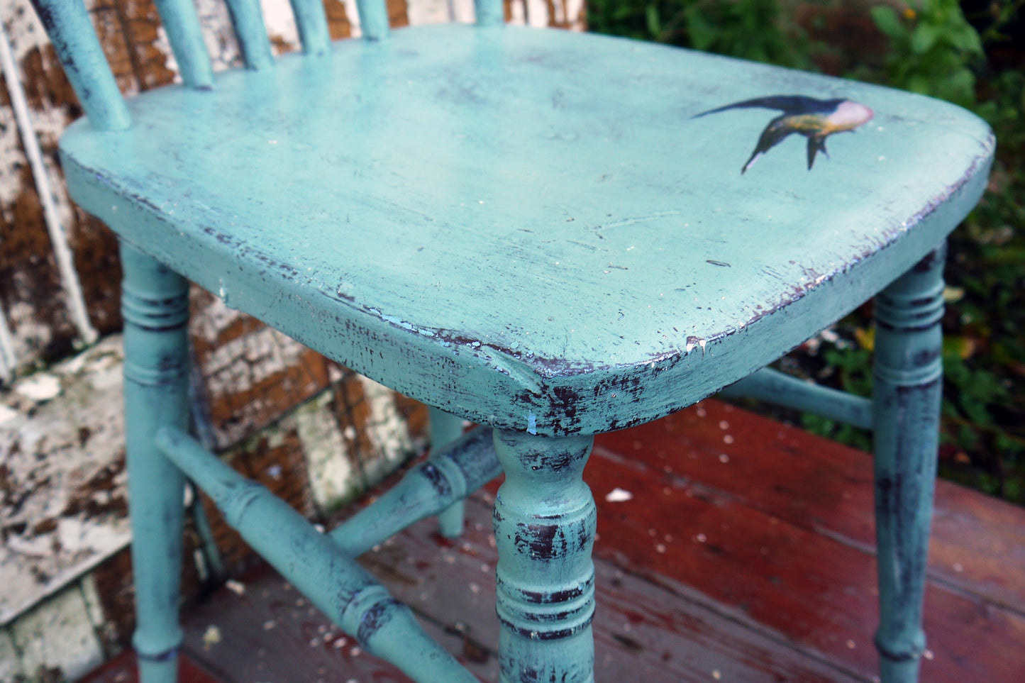 Vintage hand painted chair in Miss Mustard Seed Milk Paint Kitchen Scale with bird decoupage