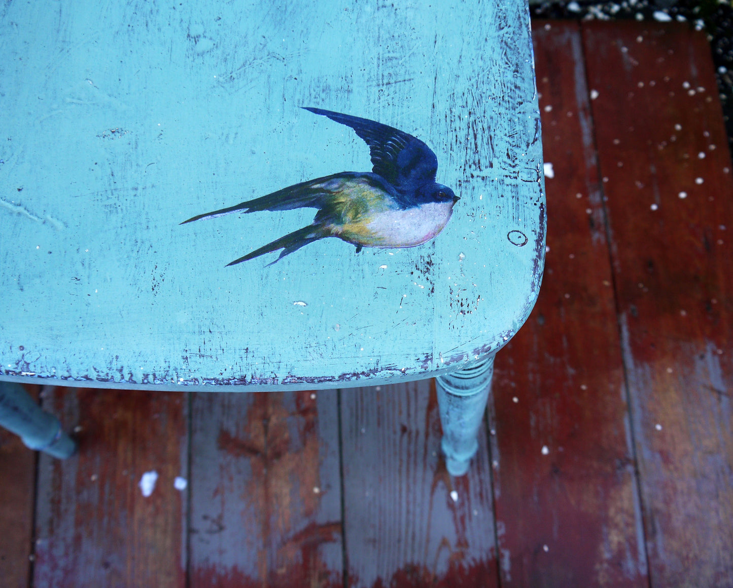 Vintage hand painted chair in Miss Mustard Seed Milk Paint Kitchen Scale with bird decoupage