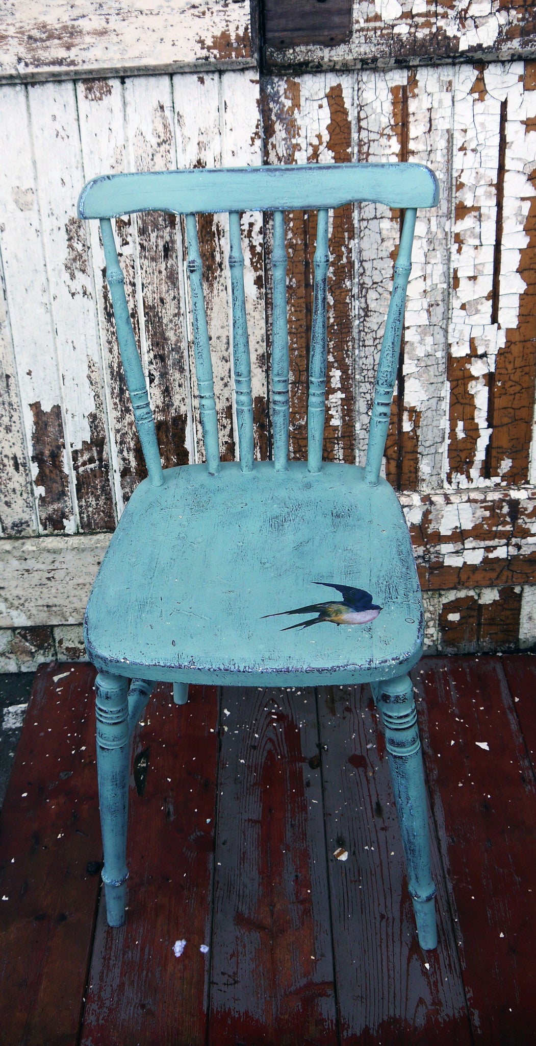 Vintage hand painted chair in Miss Mustard Seed Milk Paint Kitchen Scale with bird decoupage