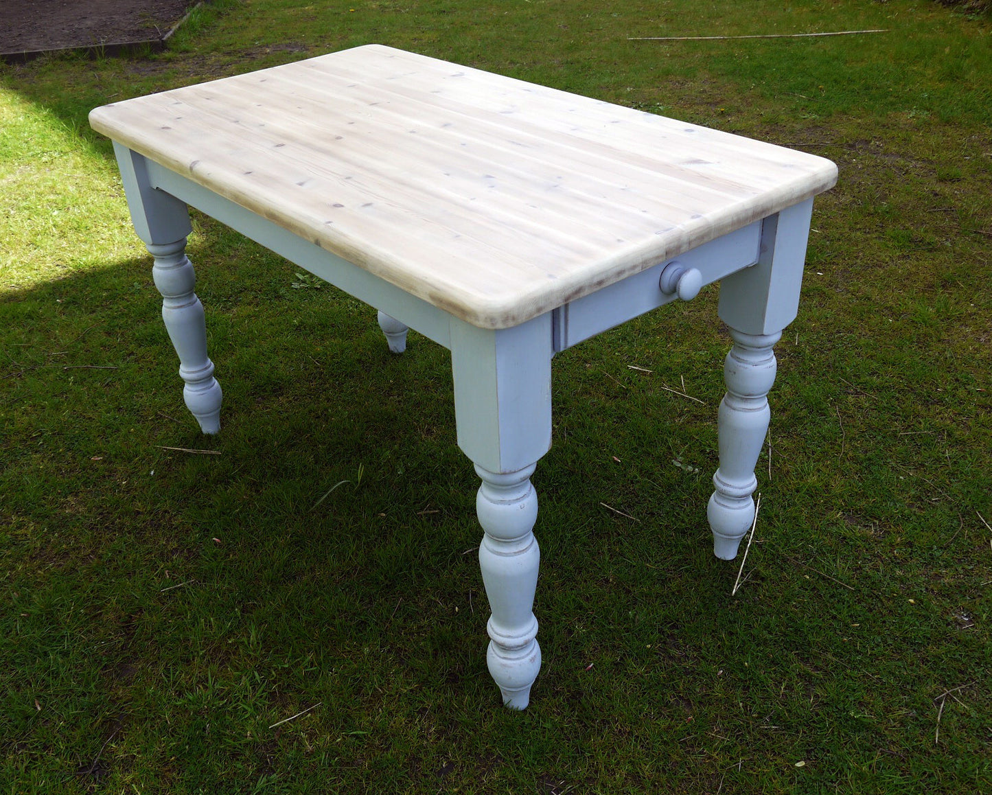 Vintage Pine farmhouse Dining Table with whitewash top and hand painted Louis Blue legs