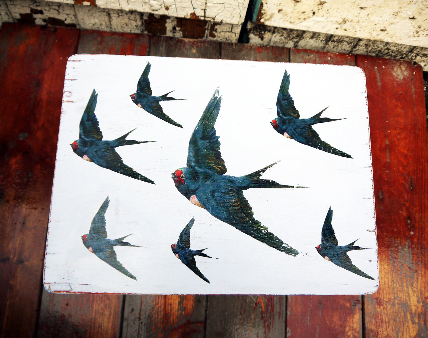 vintage shabby chic side table decoupaged with retro swallow design by emily rose vintage